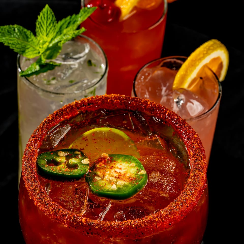 Spicy red cocktail with a chili-salt rim, jalapeño slices, and lime, surrounded by colorful citrus-garnished drinks.