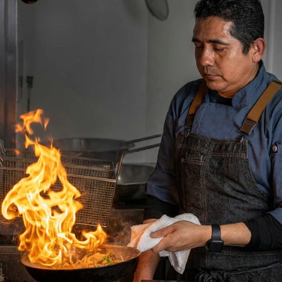 Chef in a blue shirt and apron prepares flaming food in a pan beside a commercial fryer.